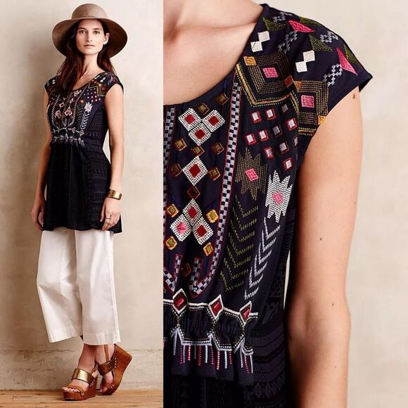Anthropologie One September Barranco Embroidered Tunic Navy Boho Geo Cottage - L - Picture 1 of 9